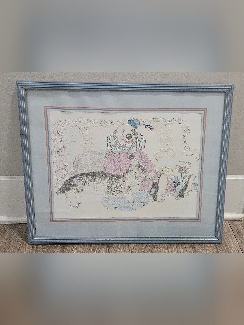 Original Sketch Drawing Clown & Cat by Amanda Hughes Framed Vintage Artwork